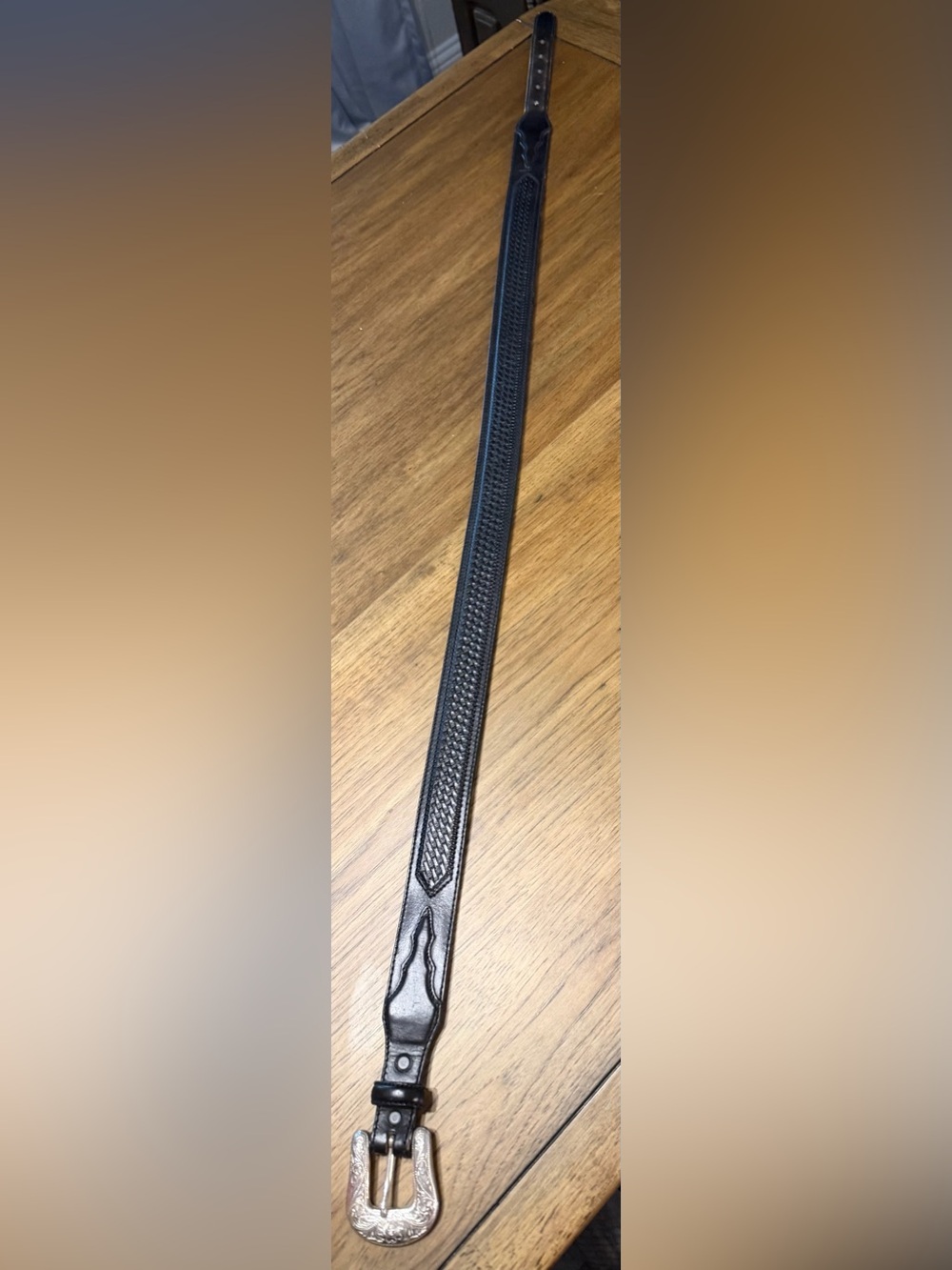 Black Braided Ranger Leather Belt with Ornate Silver Buckle